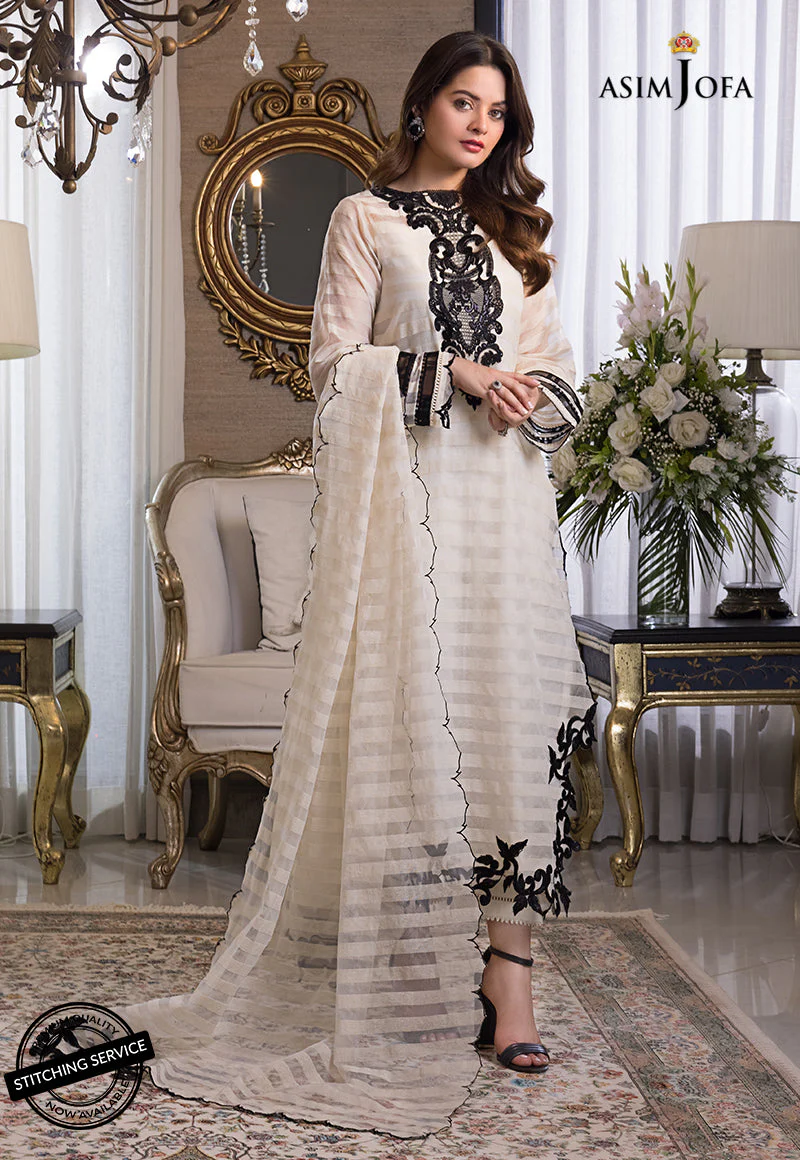 AJIM-02 EMBROIDERED KARANDI LINES AND ORGANZA 3 PCS