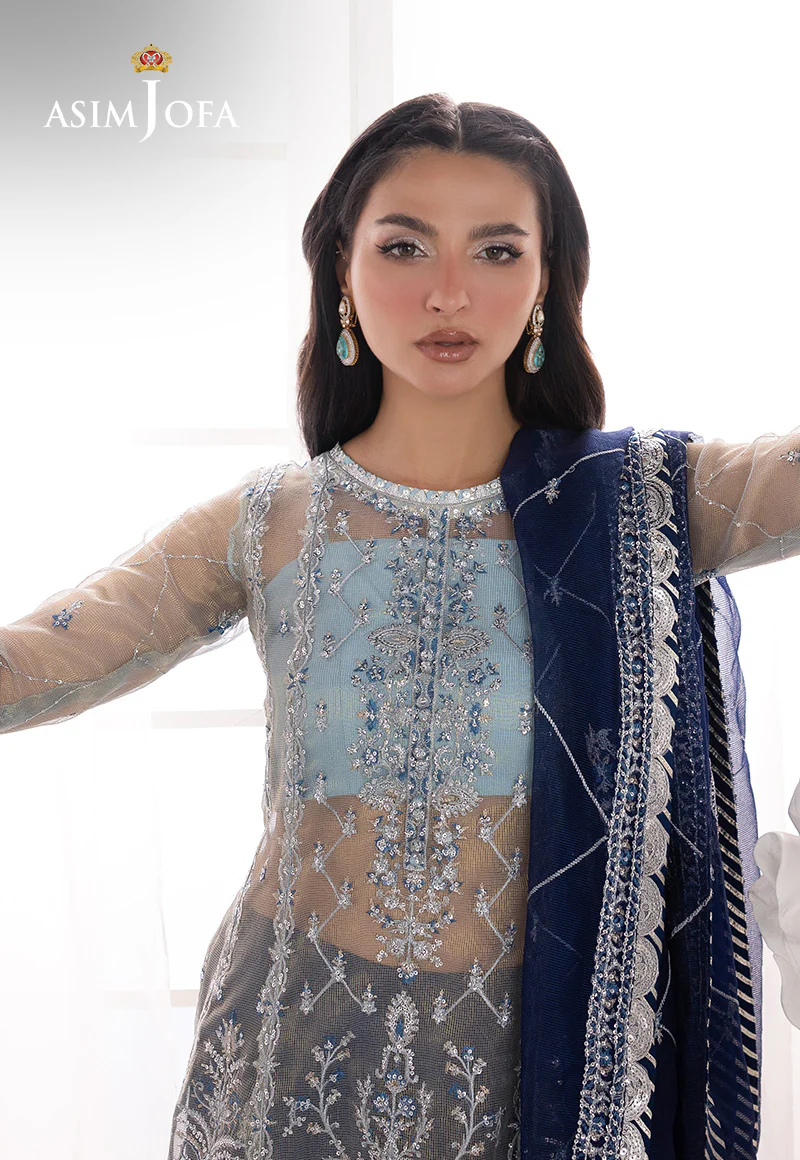 AJIZL-05 EMBROIDERED ZARI CHECK NET UNSTITCHED 3 PCS - Image 4