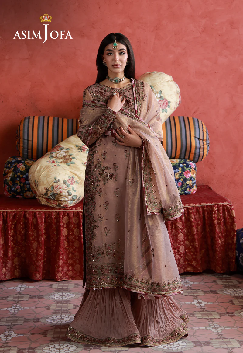 AJULN-12 Embroidered Zari Check Net Unstitched 3 Pcs - Image 2